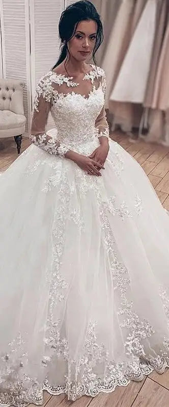 Elegant Summer Long Sleeve Wedding Dresses Lace Ball Gown